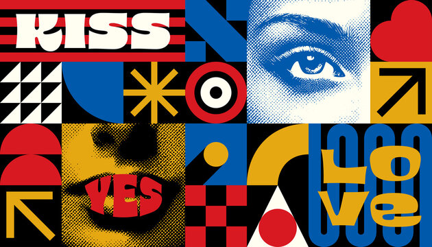 Pop art collage featuring fragmented facial features with eye, mouth and text kiss, yes, love, interspersed with bold geometric shapes in primary colors and black background.