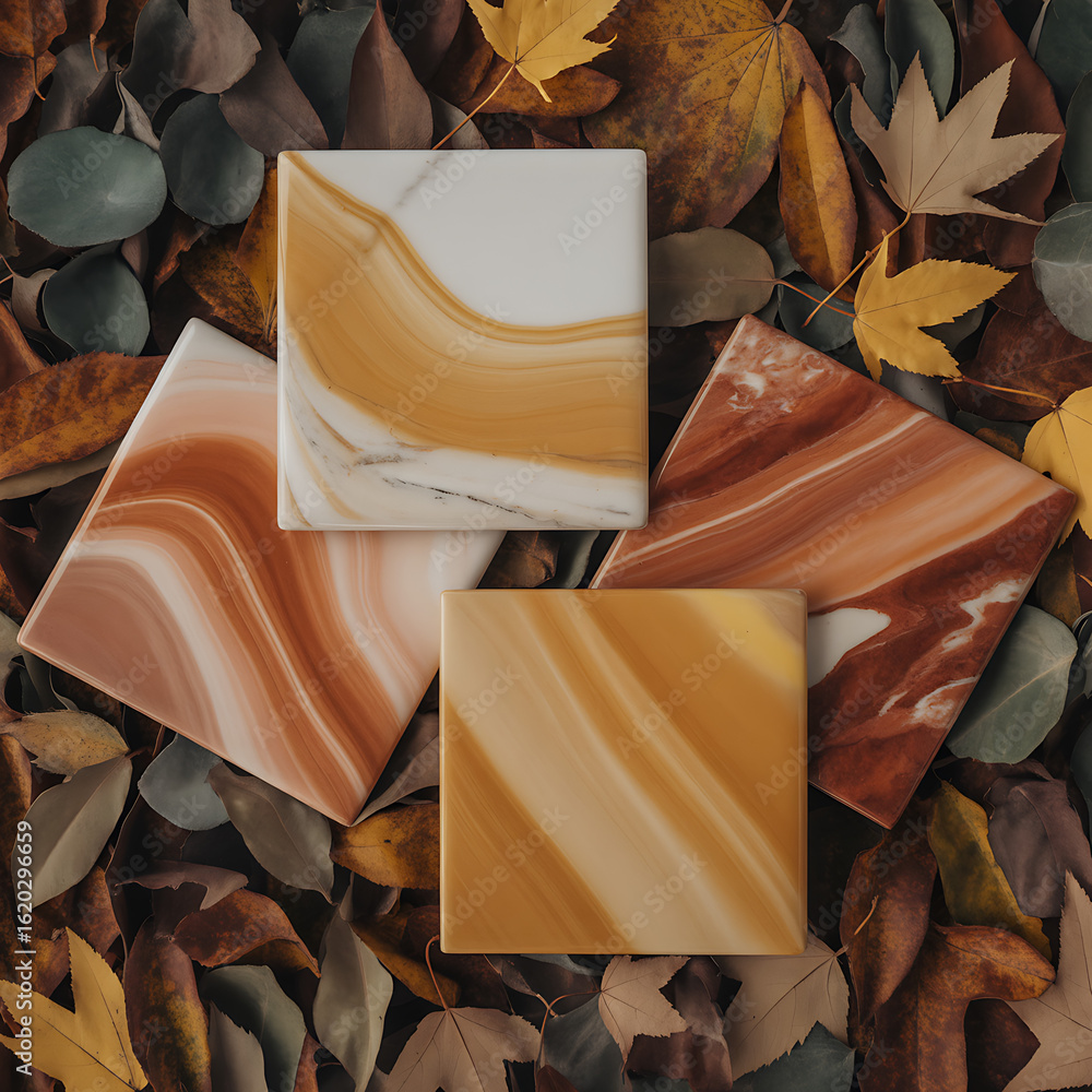 Poster natural marble stone tiles with autumn leaves, creating a decorative and abstract background pattern
