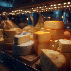 Large chunks of cheese sit on display at a supermarket or farmers market