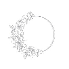 Hand drawn line art black and white rose flowers round frame. Vintage romantic monochrome floral wreath