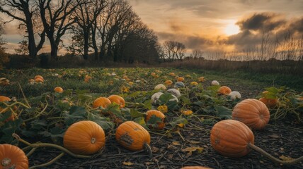 Moody sunset over a pumpkin patch with silhouetted trees and dramatic golden-orange clouds