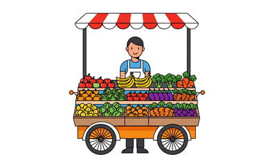 Illustration of a friendly vendor at a farmers market stall with fresh fruits and vegetables.