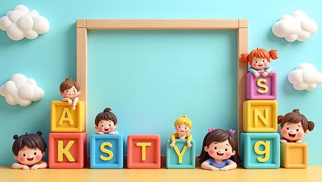 Early childhood development concept with diverse cartoon children playing with alphabet blocks around a blank frame for educational text.