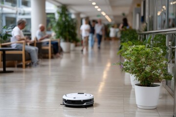 An automated robot vacuum cleaner glides through a busy hallway of a building, symbolizing the merging of technology and daily life in urban environments.