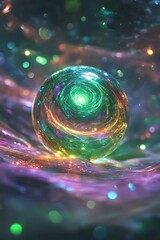 Glowing Iridescent Orb on Glittering Surface