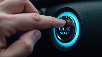 Hand pressing futuristic start button in vehicle, symbolizing innovation and technology. button glows blue, indicating activation