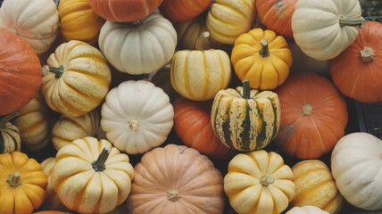 Close-up of ornamental pumpkins and textured squashes in cream, orange, and dusty rose colors