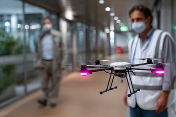 An individual standing with a drone in a modern corridor demonstrates the increasing role of drone technology in indoor navigation and operational efficiency.