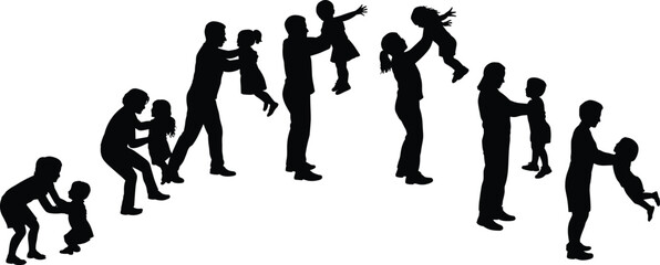 Family silhouette, parent with child, mother father kids, bonding moments illustration, playful child silhouettes, parenting vector art, happy family shadow design concept