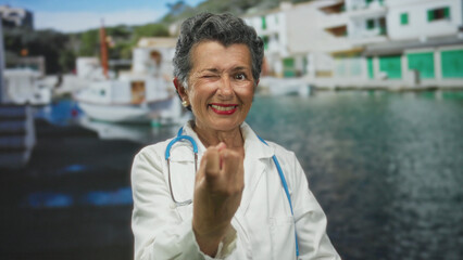 Smiling senior woman doctor with grey hair and stethoscope does a beckoning gesture by the seaside...