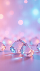 Shimmering crystals reflect light in dreamy atmosphere, creating magical ambiance with soft pink and blue hues