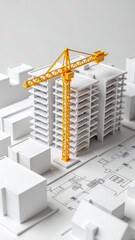Construction model with yellow crane, modern buildings, architectural design, urban planning, and detailed layout