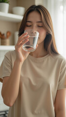 Young woman enjoys refreshing glass of water in cozy kitchen setting, promoting hydration and wellness
