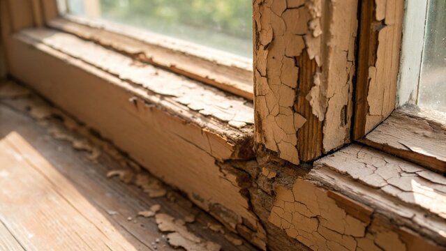 Cracked and Peeling Window Frame Corner with Faded Brown Colors for Weathered Texture Themes