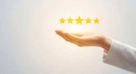 Hand presenting five golden stars representing excellent service and customer satisfaction for business success