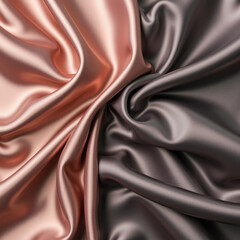 Luxurious satin fabric in soft peach and deep gray tones, showcasing smooth texture and elegant draping. Perfect for fashion and interior design