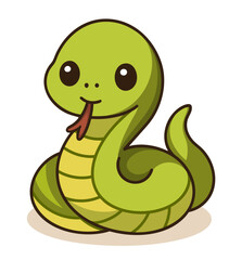 Fototapeta premium Cute green snake with a friendly face, designed in a cheerful kawaii style. Perfect for nature-themed projects, wildlife illustrations, or children’s content.
