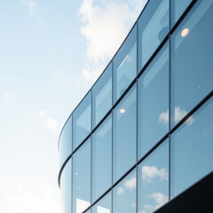 Modern glass building with curved architecture reflecting sky and clouds, showcasing sleek design and contemporary style