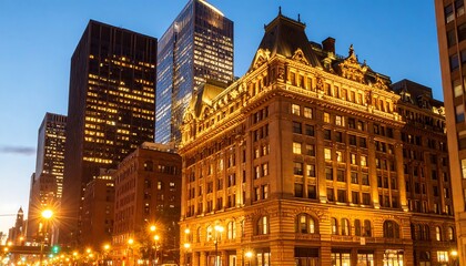 Ornate Building Facade Illuminated at Dusk with Modern Skyscrapers in Background