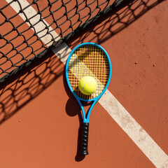 Vibrant tennis racket rests on clay court, accompanied by bright yellow tennis ball, casting playful shadows