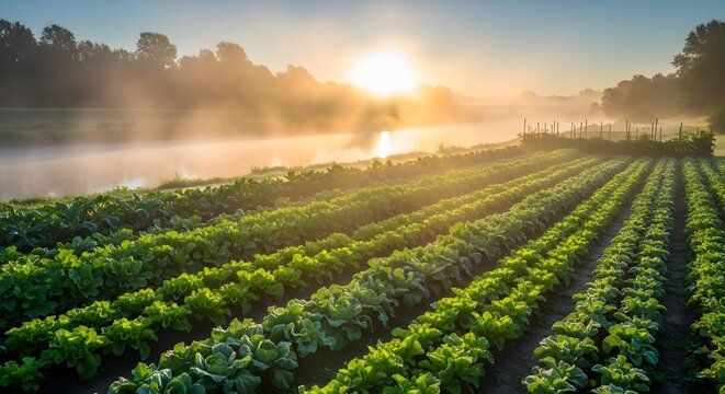 Green Cabbage Patch Rows at Sunrise on Foggy Rural Farmland