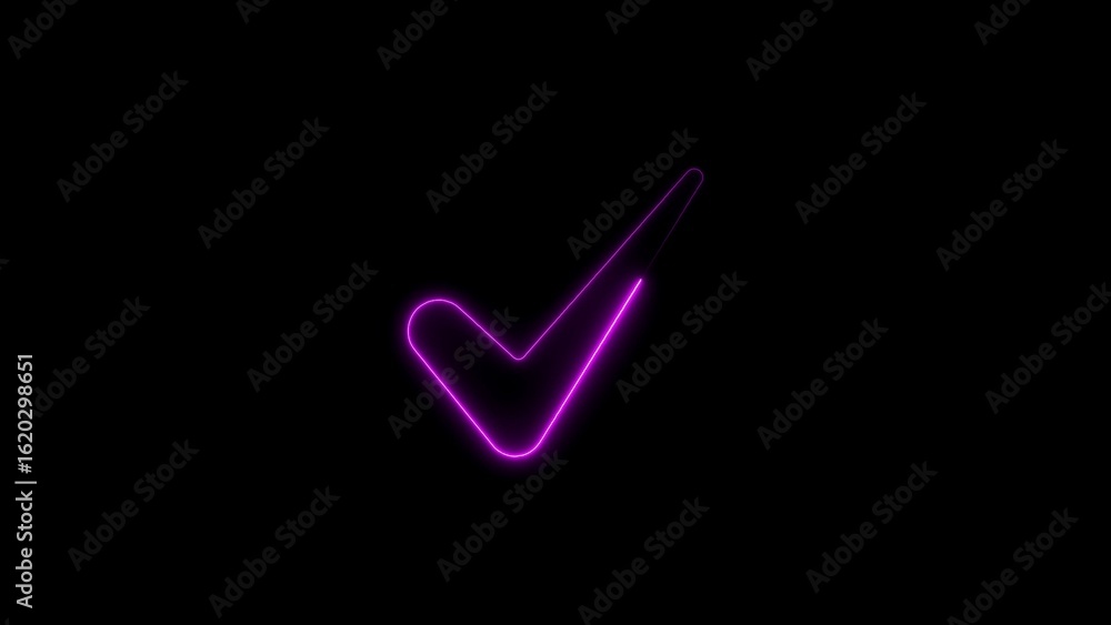 Poster bright neon purple check mark symbol on black canvas representing approval and validation