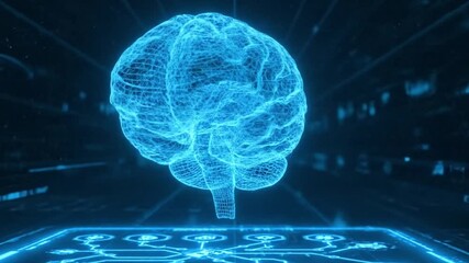 Blue wireframe brain hovers above a glowing circuit board in a dark digital space - Powered by Adobe