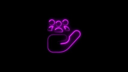 Neon hand holding a group of people symbolizing community and support on black