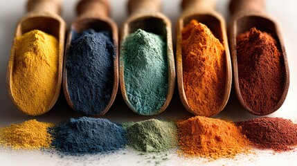 Vibrant Powder Pigments: A visual feast of colorful pigments is presented in wooden spoons, displaying a spectrum of vibrant colors. These finely ground powders, ideal for artistic endeavors.