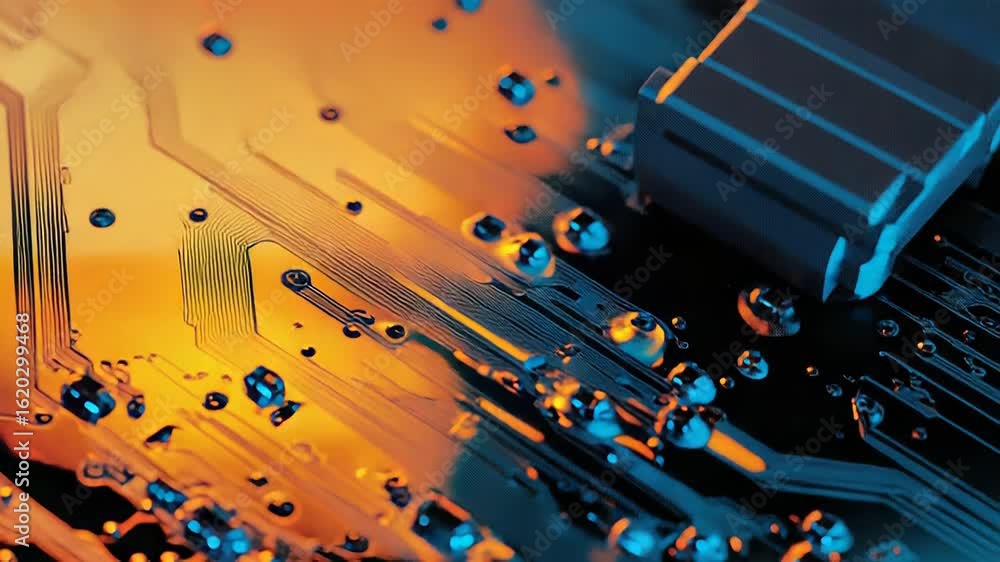 Poster water droplets creating abstract patterns on electronic circuit board