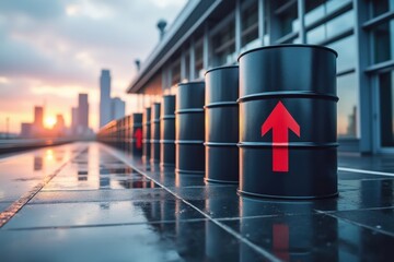 Oil Barrels and Rising Prices in City Skyline
