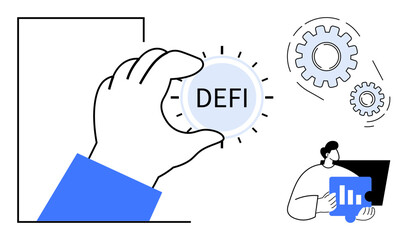 Hand holding DeFi coin, floating gears, and person analyzing bar chart. Ideal for DeFi, blockchain, cryptocurrency, finance, digital economy innovation investment. Simple flat metaphor