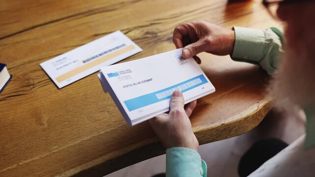 Close-up of retired man sorting mail, upset about unpaid bills and growing debt
