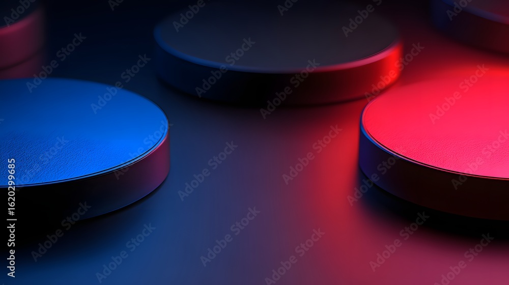Poster abstract composition of three circular forms in vibrant colors.