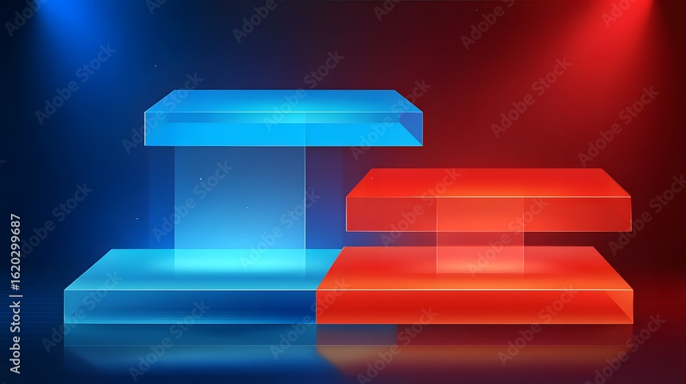 Poster two translucent display shelves in red and blue.
