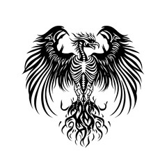 Obraz premium Dark fantasy skeletal phoenix with tribal wings rising from fire, a powerful mythical creature vector illustration.