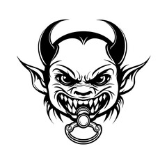 Fototapeta premium Monochrome vector illustration of a snarling demon baby head with horns, a detailed SVG graphic for a fierce mascot