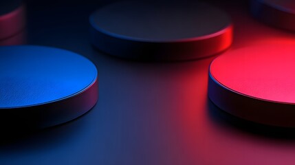 Abstract composition of three circular forms in vibrant colors.