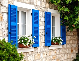 Blue shutters on a stone wall with flowers