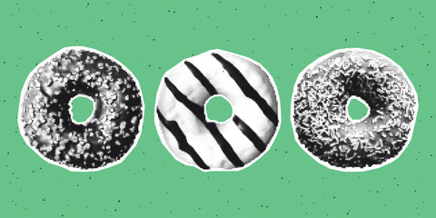 Pop art collage with donuts. Halftone style. Perfect for sticker, menu, streetwear designs, zines, editorial covers, poster art, album visuals, social media