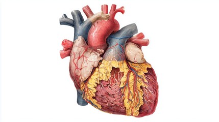 National Atrial Fibrillation Awareness Month. Scientific anatomical illustration of human heart with visible atrial fibrillation in atria, labeled blood flow patterns removed, detailed structure