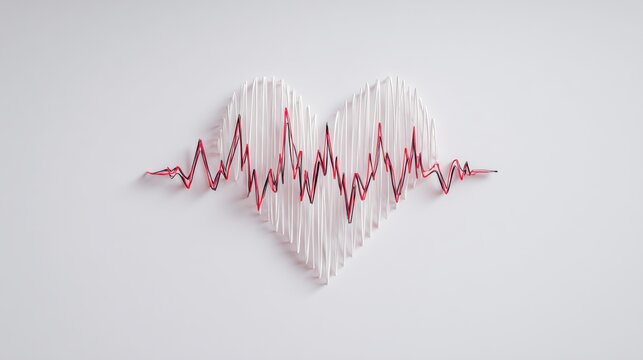 National Atrial Fibrillation Awareness Month. Minimalistic heart shape with broken rhythm line inside, clean white background, red and black palette, concept of atrial fibrillation awareness