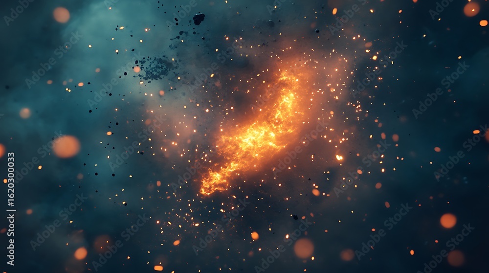 Poster abstract visualization of cosmic energy burst with glowing plasma and particles