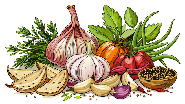 This isolated fresh herbs and spices on white background, culinary mix, garlic blends color and aroma. Semi-realistic details highlight freshness, natural flavor, and the essence of vibrant cooking in