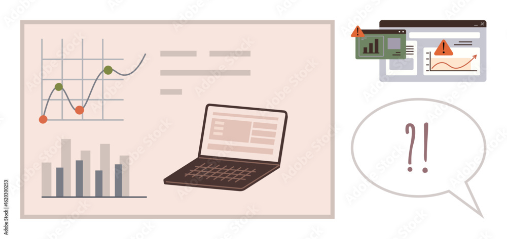 Aufkleber graphs, bar charts, and laptop representing analytics with alert icons on browser popups and a speec