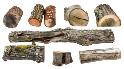 Assorted wooden logs cut on transparent background