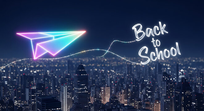 Back to school over cityscape with neon paper airplane ai generated