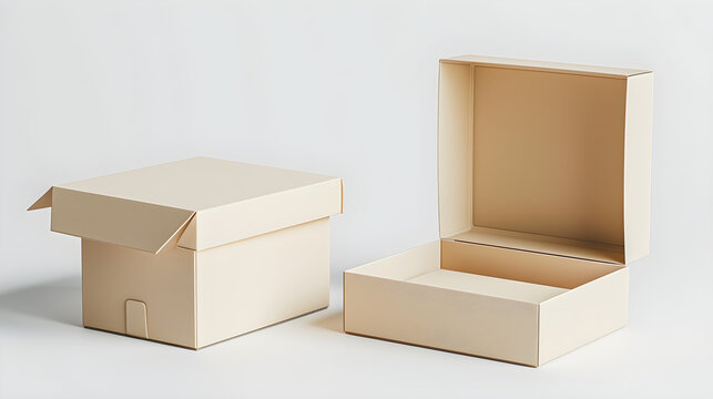 Beige and Cream Duo Packaging Mockup: Open and Closed Boxes on White Background, in high resolution clean minimal style stock photo illustration background image ideal for templates advertisements and
