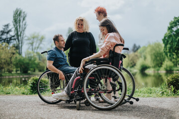 Obraz premium Captured moment of friendship and connection as a mixed-ability group spends time in a natural park setting, embracing inclusivity and togetherness.