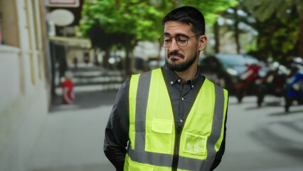 Man in reflective vest stands with a thoughtful expression on an urban street with blurred...